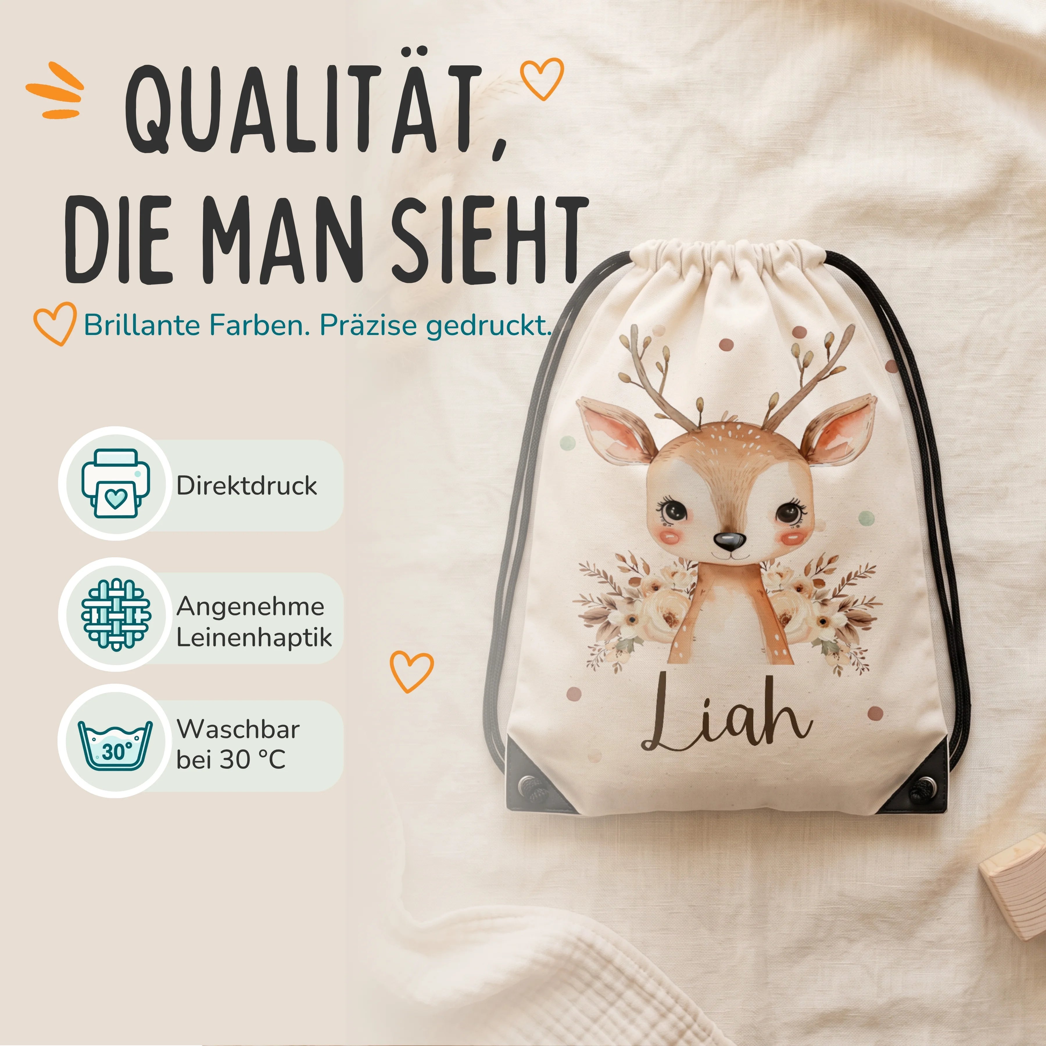 Personalisierter Turnbeutel Baby Reh, Direktdruck auf Polyester mit Leinenhaptik, waschbar bei 30 °C