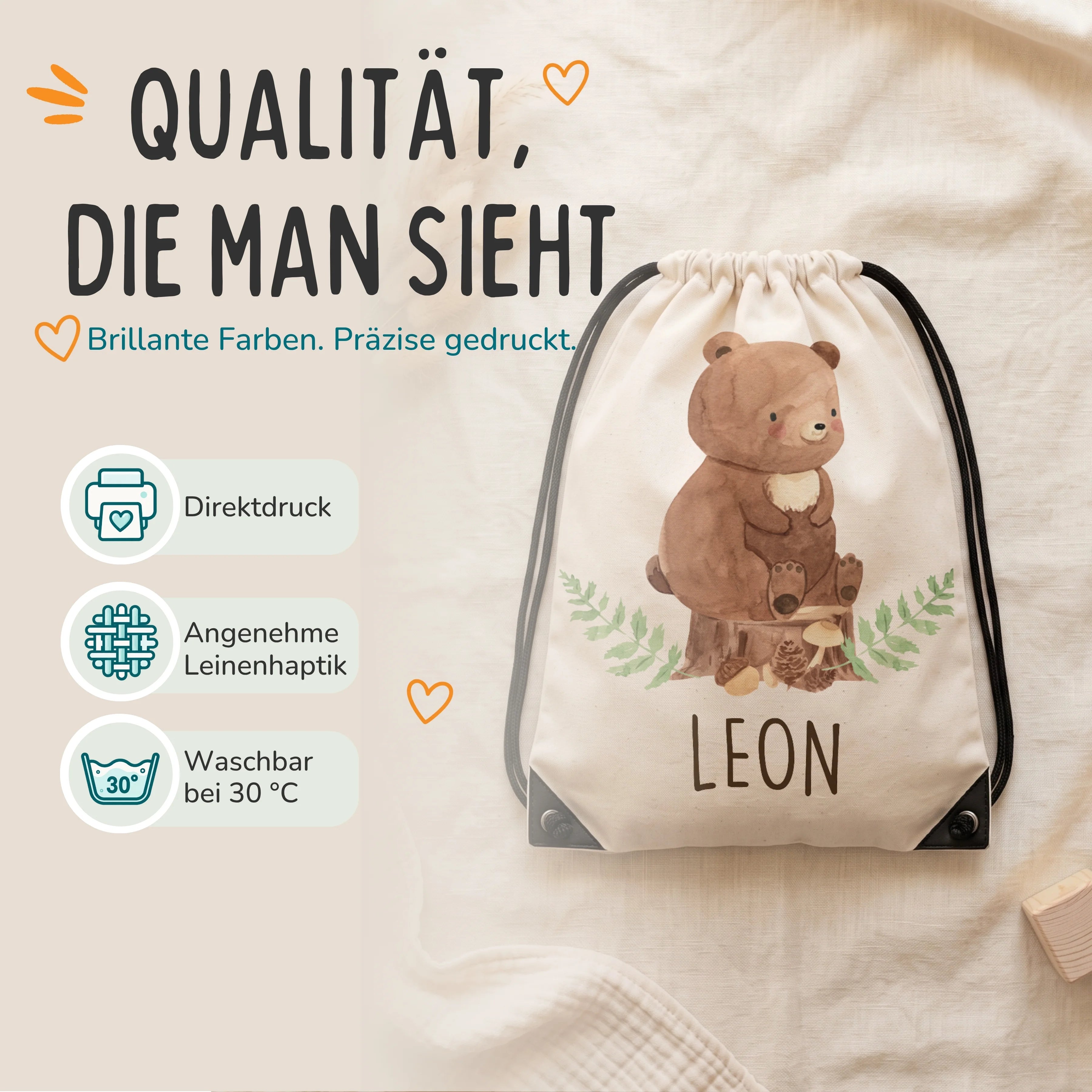 Personalisierter Turnbeutel Bär, Direktdruck auf Polyester mit Leinenhaptik, waschbar bei 30 °C