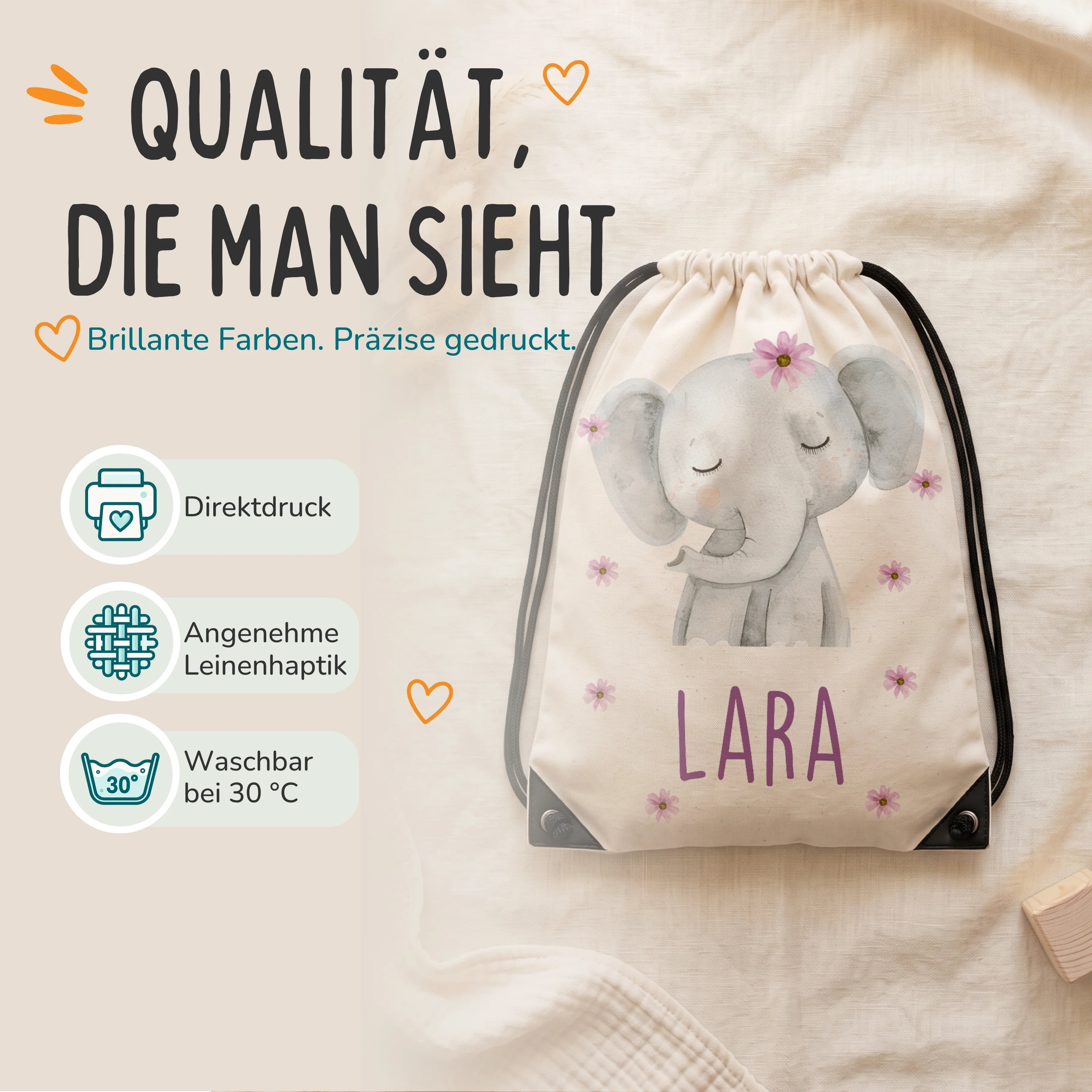 Personalisierter Turnbeutel Elefant mit Blüten, Direktdruck auf Polyester mit Leinenhaptik, waschbar bei 30 °C