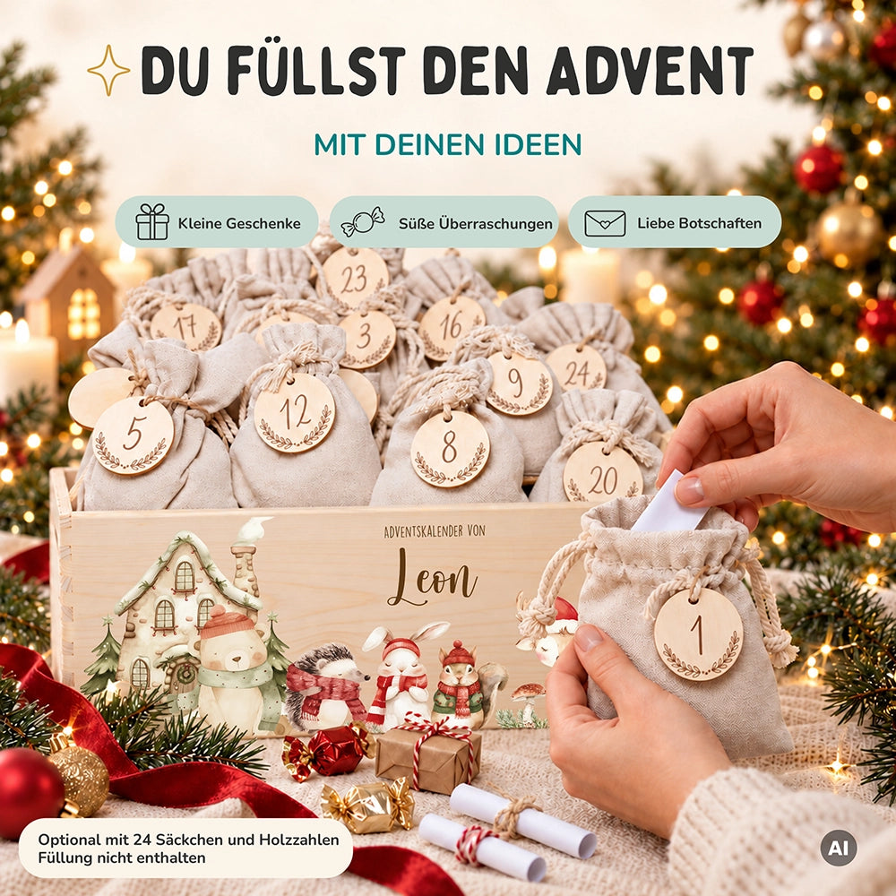 Adventskalender zum Befüllen "Winterdorf mit Tieren" personalisiert