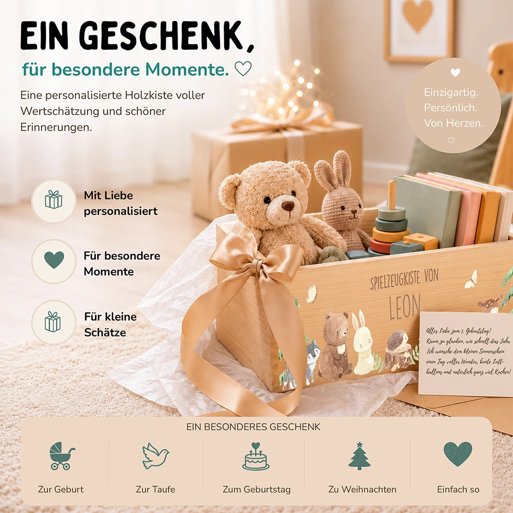 Spielzeugkiste personalisiert mit Namen - niedliche Waldtiere