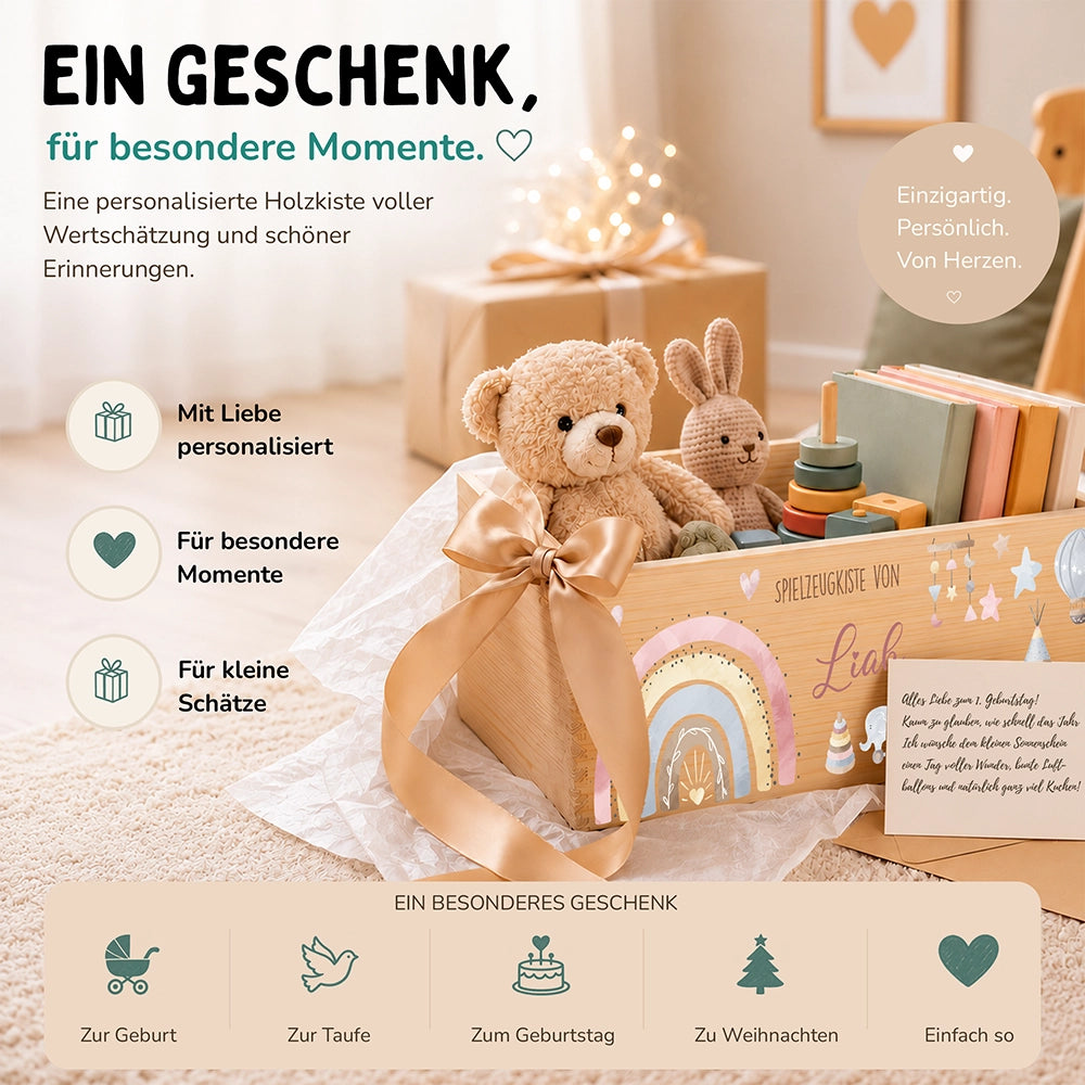 Spielzeugkiste personalisiert mit Namen - Baby Reh mit Regenbogen