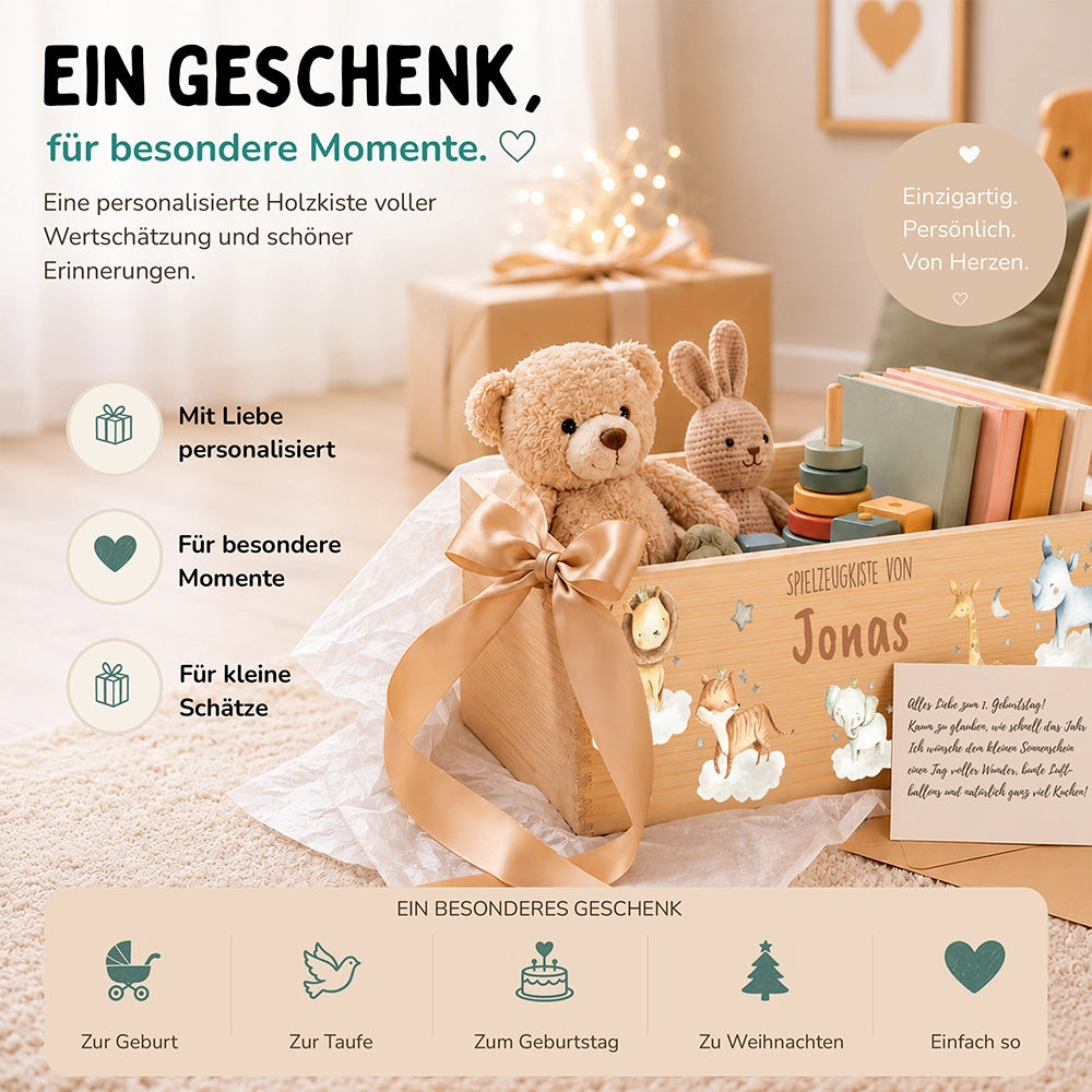 Spielzeugkiste personalisiert mit Namen - Wilde Safari