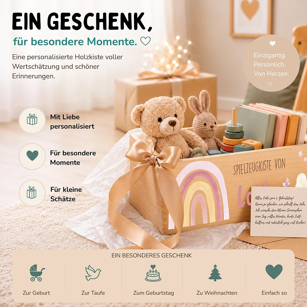 Spielzeugkiste personalisiert mit Namen - Regenbogen