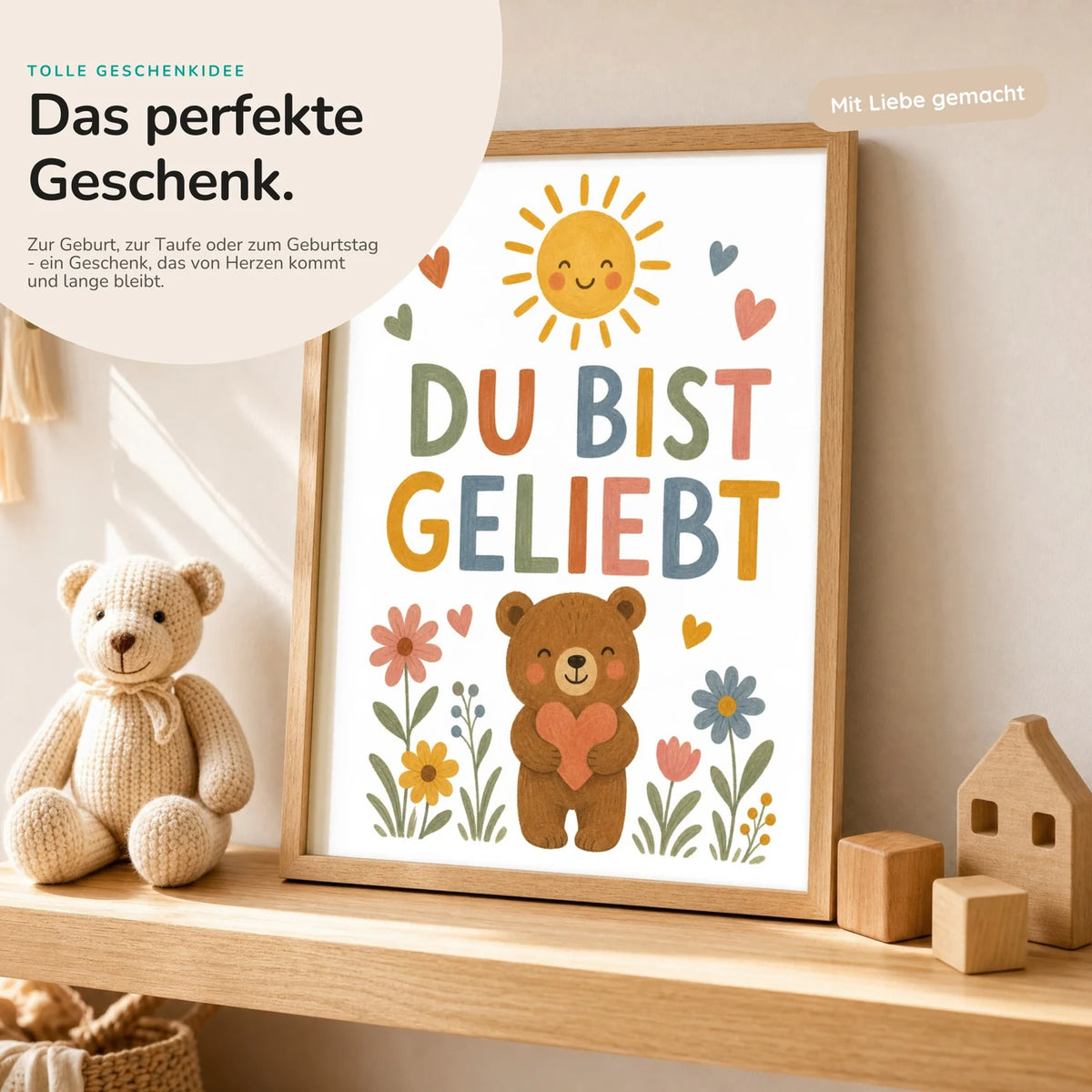 Affirmationsposter „Bär Du bist geliebt“ mit Teddy – Geschenk zur Geburt oder Taufe