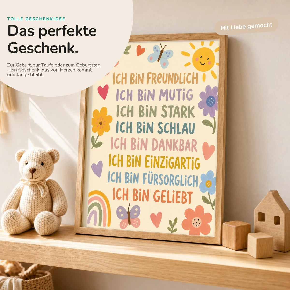 Affirmationsposter „Blumenwiese Ich bin freundlich“ mit Teddy – Geschenk zur Geburt oder Taufe