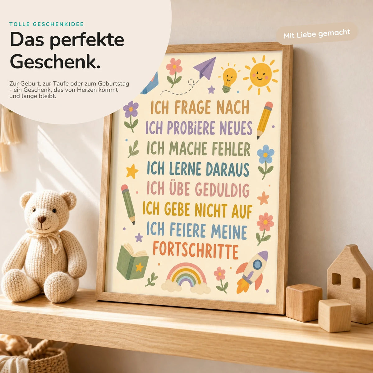 Affirmationsposter „Blumenwiese Ich frage nach“ mit Teddy – Geschenk zur Geburt oder Taufe