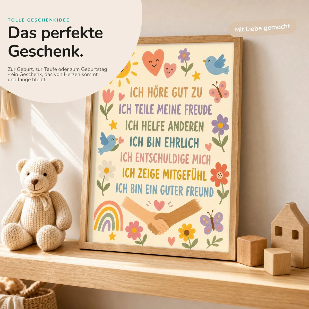 Affirmationsposter „Blumenwiese Ich höre zu“ mit Teddy – Geschenk zur Geburt oder Taufe