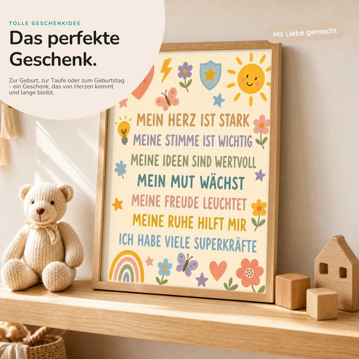 Affirmationsposter „Blumenwiese Superkräfte“ mit Teddy – Geschenk zur Geburt oder Taufe