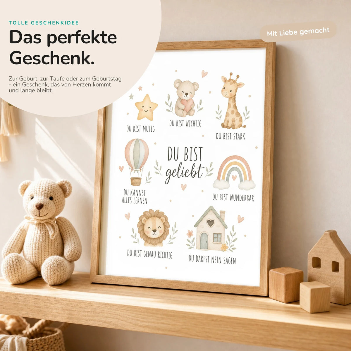 Affirmationsposter „Collage Du bist geliebt“ mit Teddy – Geschenk zur Geburt oder Taufe