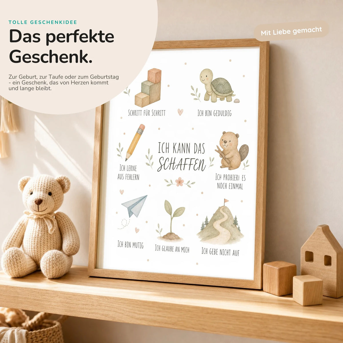 Affirmationsposter „Collage Ich kann das schaffen“ mit Teddy – Geschenk zur Geburt oder Taufe