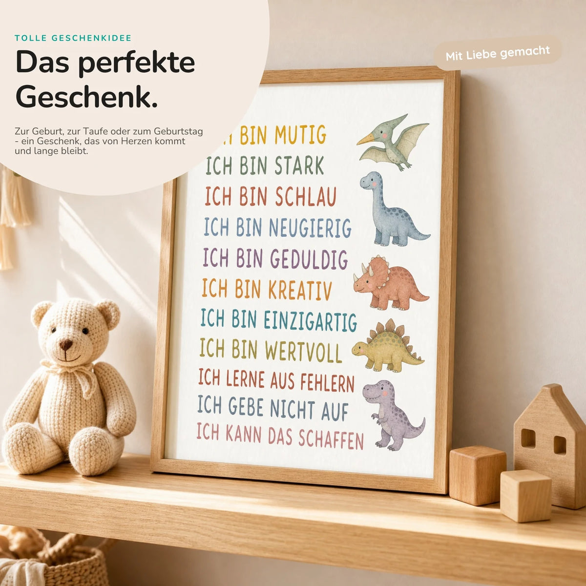 Affirmationsposter „Dinos“ mit Teddy – Geschenk zur Geburt oder Taufe