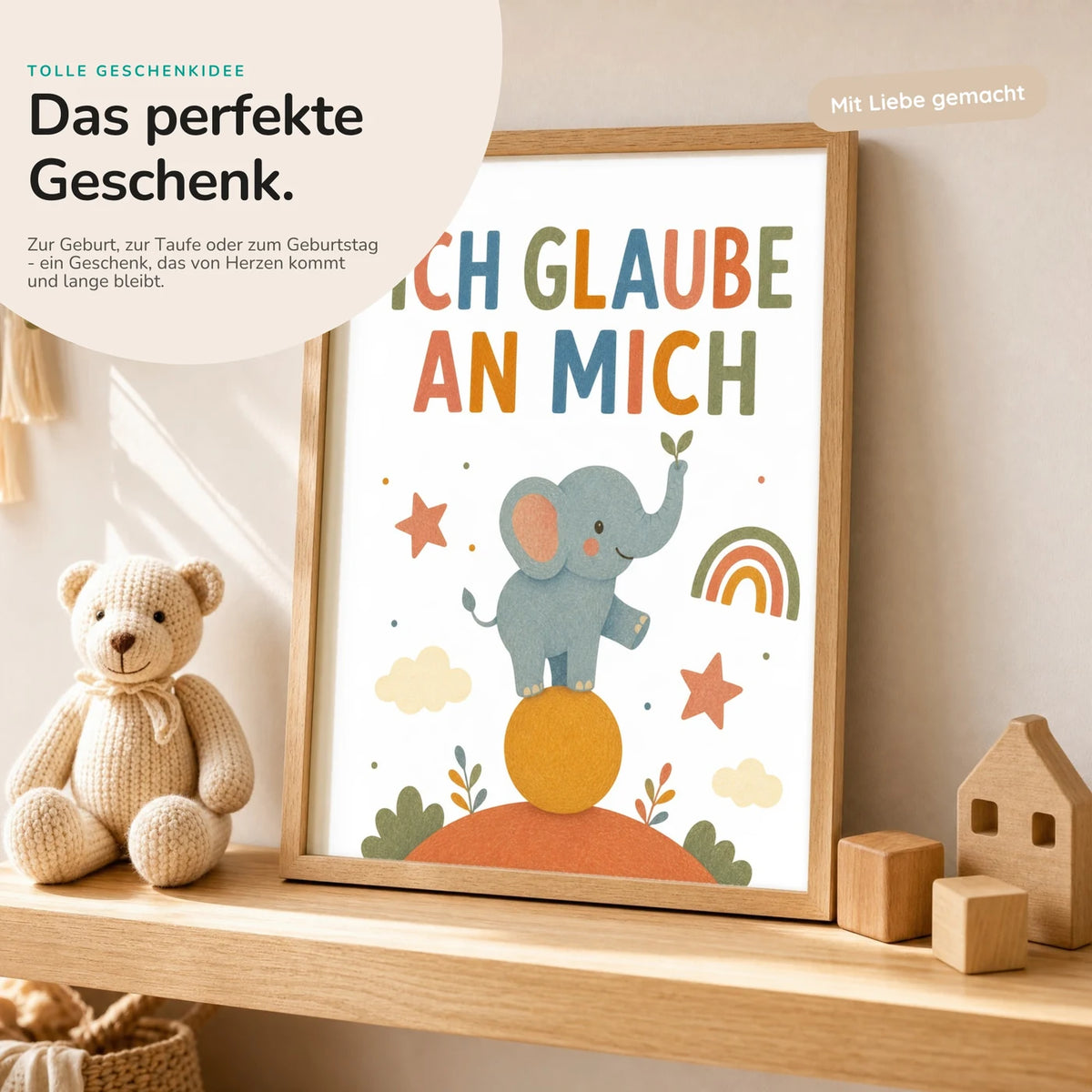 Affirmationsposter „Elefant Ich glaube an mich“ mit Teddy – Geschenk zur Geburt oder Taufe