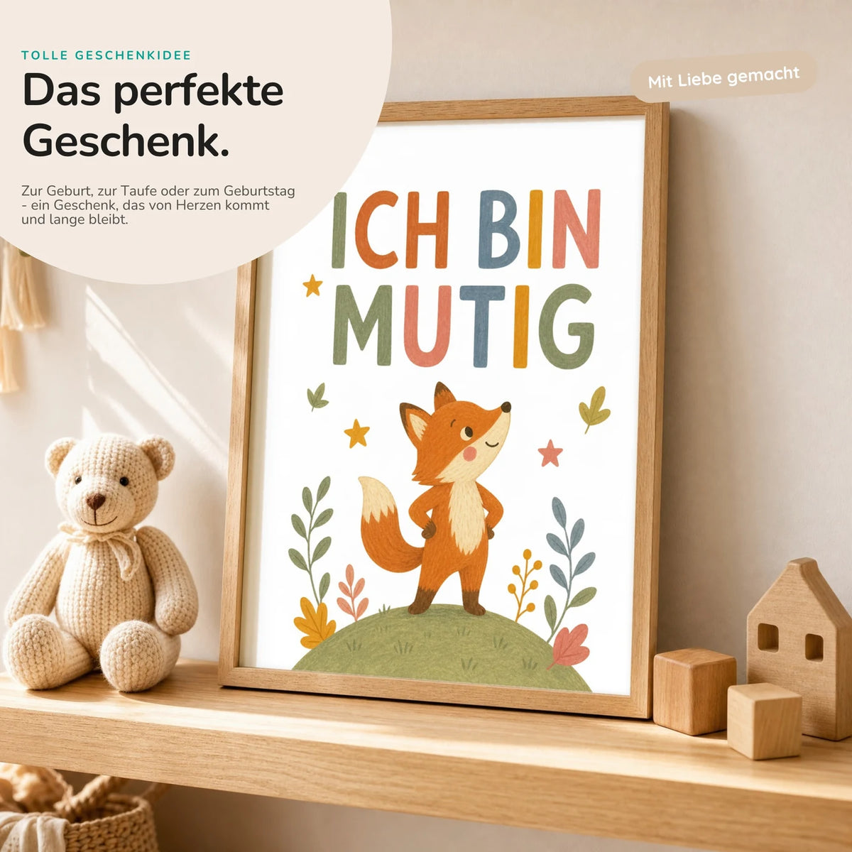 Affirmationsposter „Fuchs Ich bin mutig“ mit Teddy – Geschenk zur Geburt oder Taufe