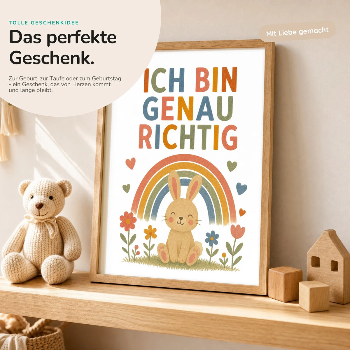 Affirmationsposter „Hase Ich bin genau richtig“ mit Teddy – Geschenk zur Geburt oder Taufe