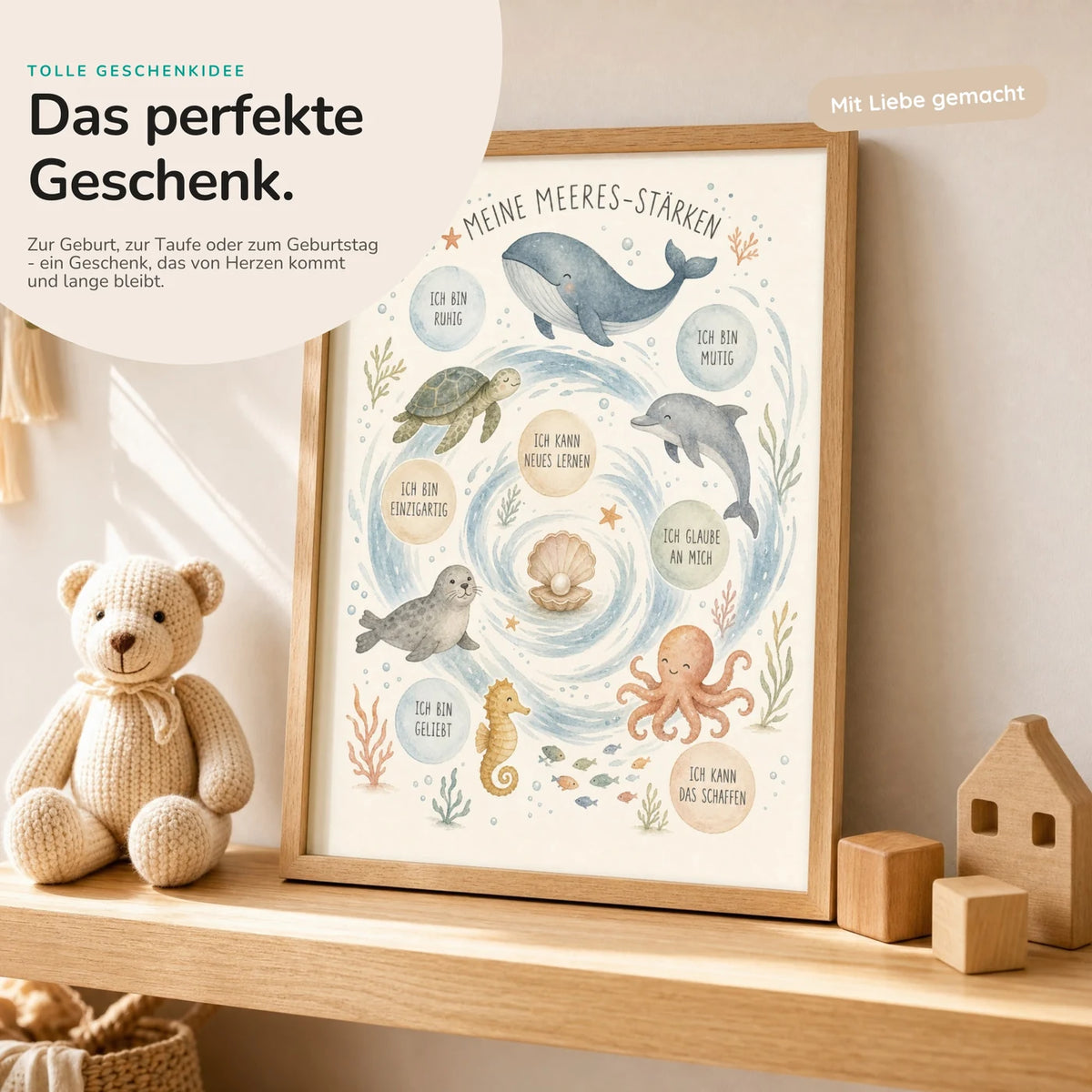 Affirmationsposter „Meeres-Stärken“ mit Teddy – Geschenk zur Geburt oder Taufe