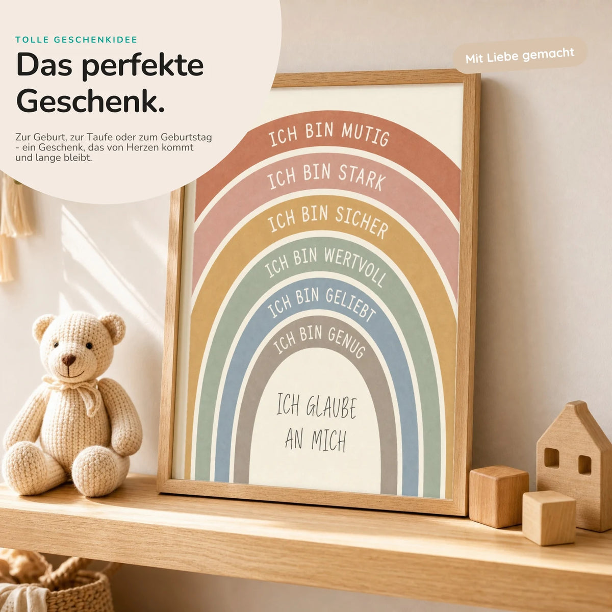 Affirmationsposter „Regenbogen Creme“ mit Teddy – Geschenk zur Geburt oder Taufe