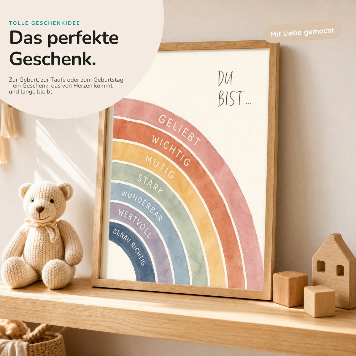 Affirmationsposter „Regenbogen Du bist“ mit Teddy – Geschenk zur Geburt oder Taufe