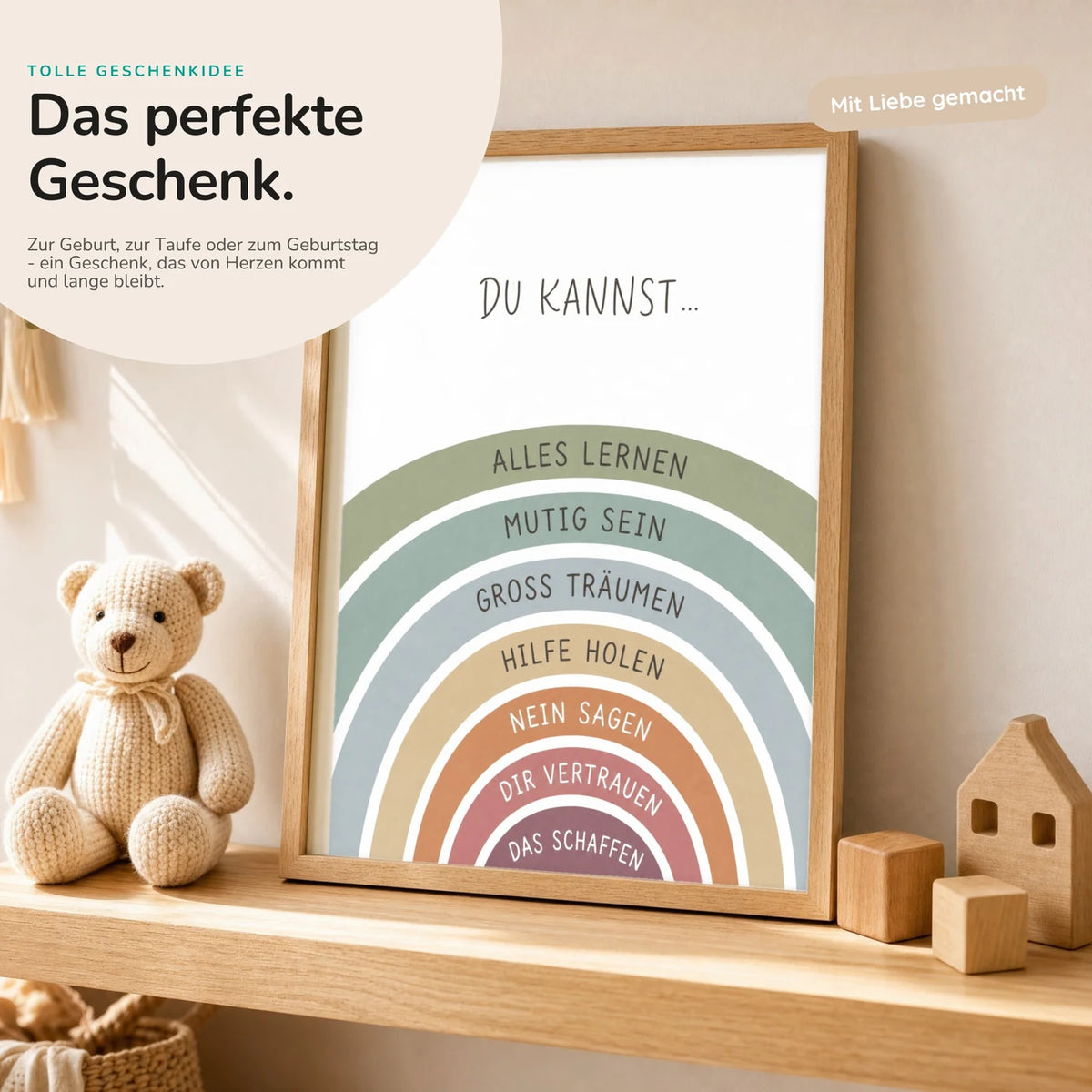 Affirmationsposter „Regenbogen Du kannst“ mit Teddy – Geschenk zur Geburt oder Taufe