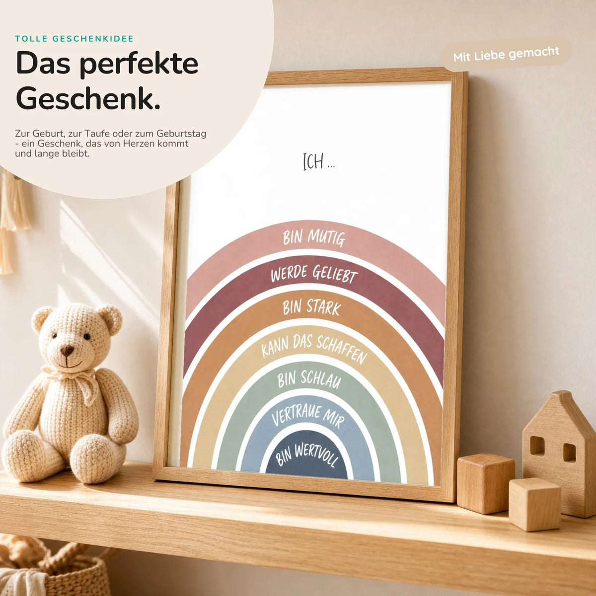 Affirmationsposter „Regenbogen Ich bin mutig“ mit Teddy – Geschenk zur Geburt oder Taufe