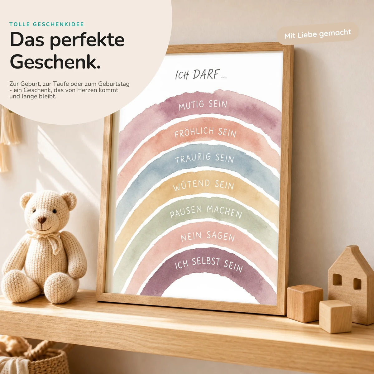 Affirmationsposter „Regenbogen Ich darf“ mit Teddy – Geschenk zur Geburt oder Taufe