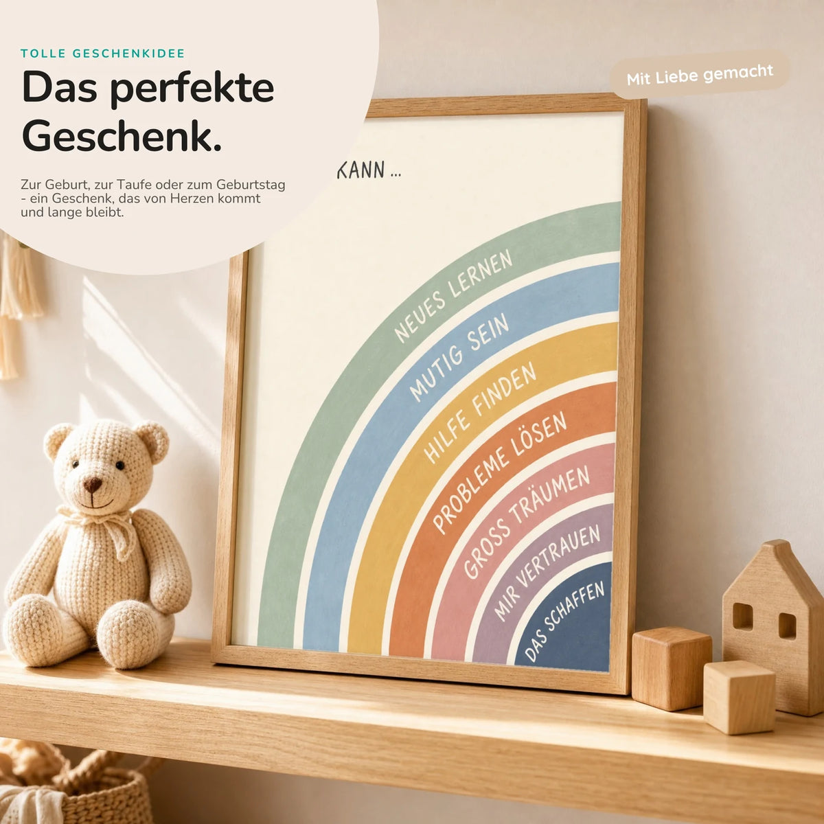 Affirmationsposter „Regenbogen Ich kann viel“ mit Teddy – Geschenk zur Geburt oder Taufe
