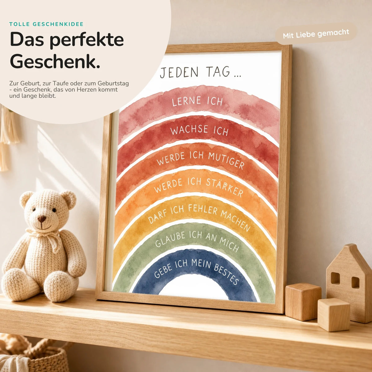 Affirmationsposter „Regenbogen Jeden Tag“ mit Teddy – Geschenk zur Geburt oder Taufe