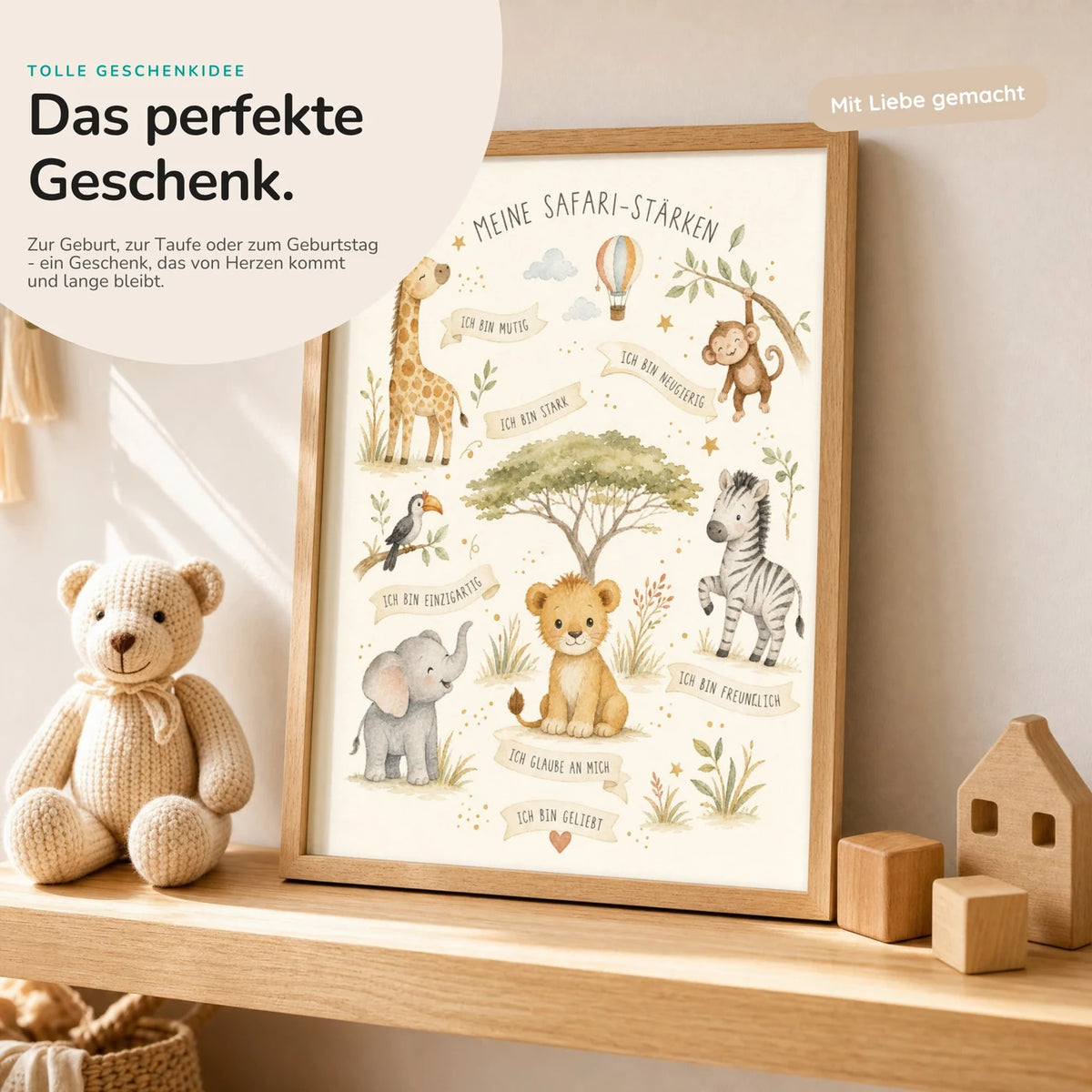 Affirmationsposter „Safari-Stärken“ mit Teddy – Geschenk zur Geburt oder Taufe