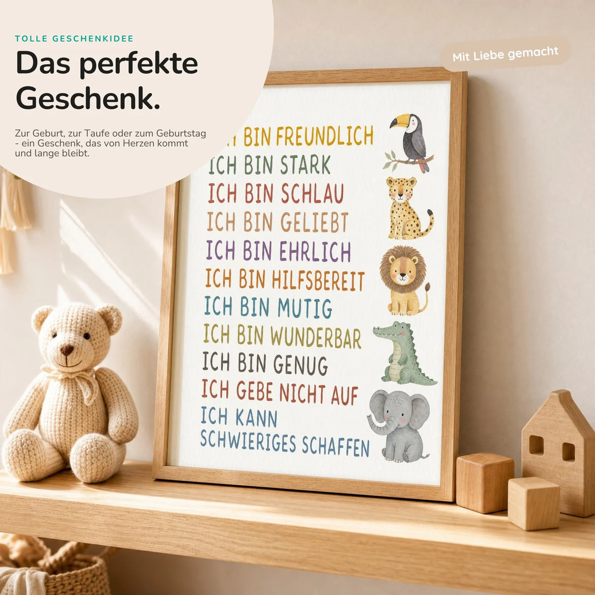 Affirmationsposter „Safaritiere“ mit Teddy – Geschenk zur Geburt oder Taufe