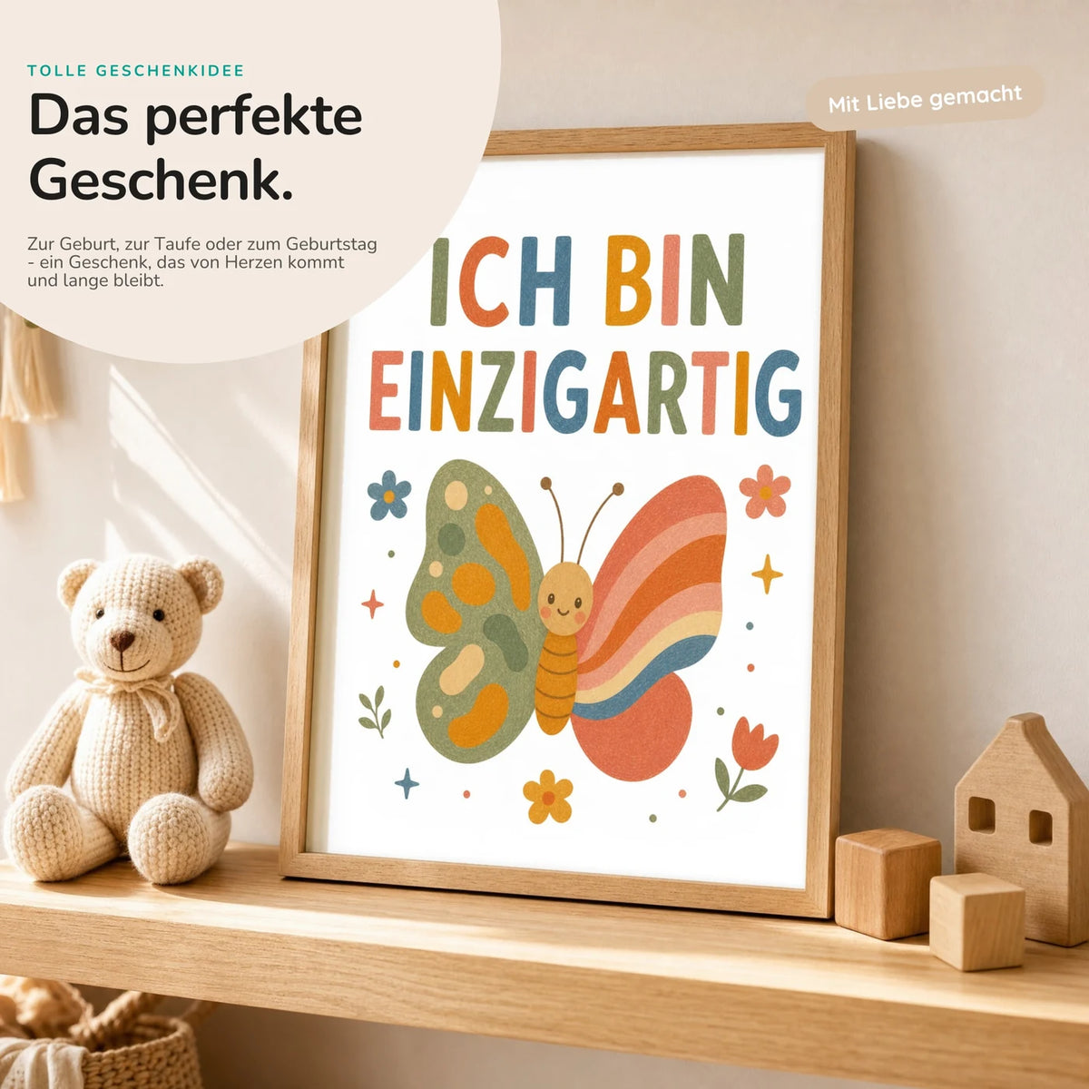 Affirmationsposter „Schmetterling Ich bin ich“ mit Teddy – Geschenk zur Geburt oder Taufe