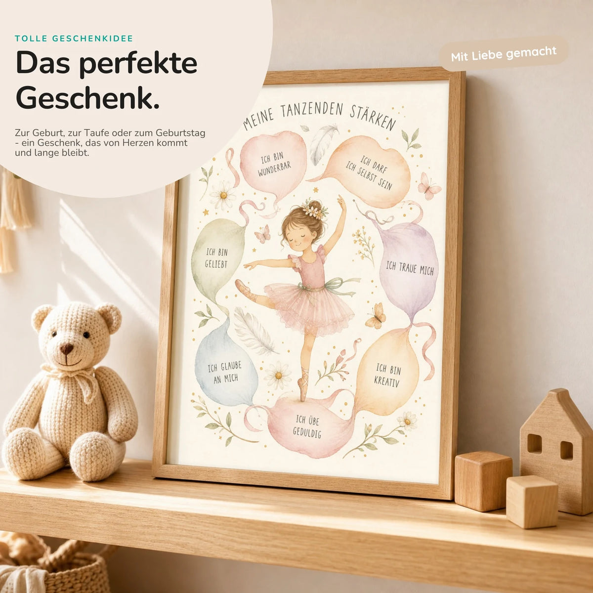 Affirmationsposter „Tanzende Stärken“ mit Teddy – Geschenk zur Geburt oder Taufe