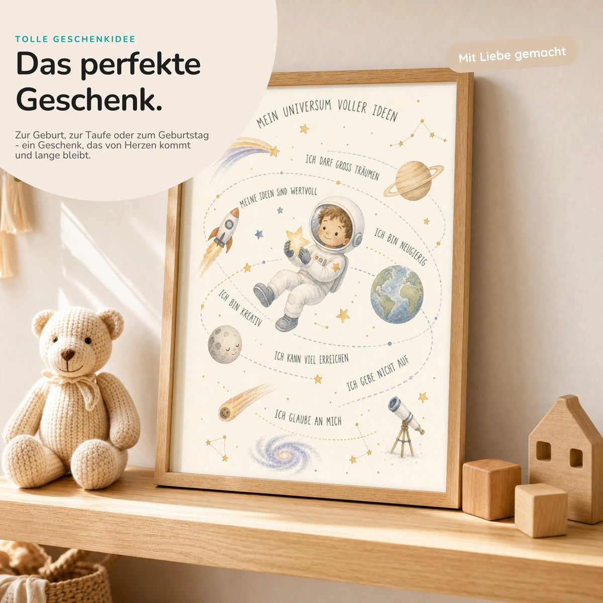 Affirmationsposter „Universum voller Ideen“ mit Teddy – Geschenk zur Geburt oder Taufe