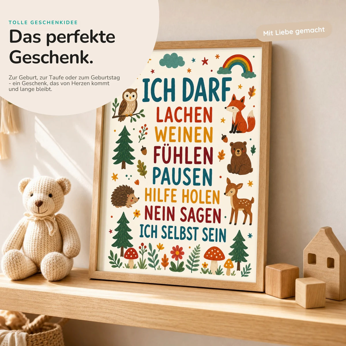 Affirmationsposter „Wald Ich darf lachen“ mit Teddy – Geschenk zur Geburt oder Taufe