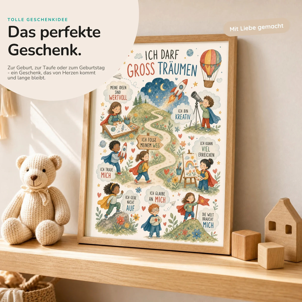 Affirmationsposter „Wimmelbild Groß träumen“ mit Teddy – Geschenk zur Geburt oder Taufe