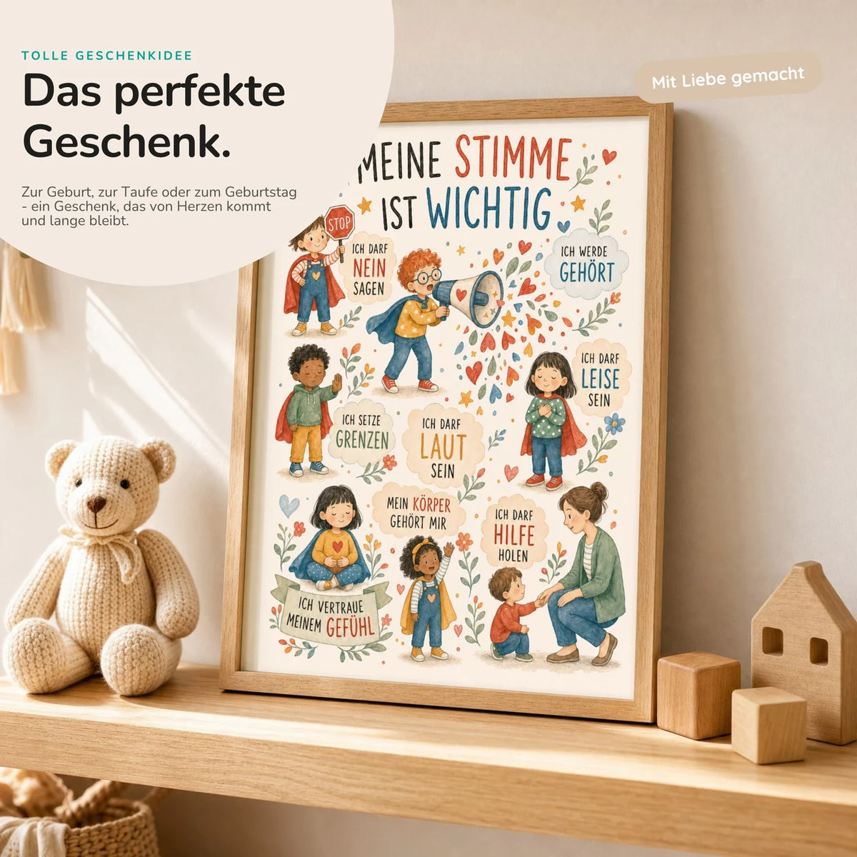 Affirmationsposter „Wimmelbild Meine Stimme“ mit Teddy – Geschenk zur Geburt oder Taufe