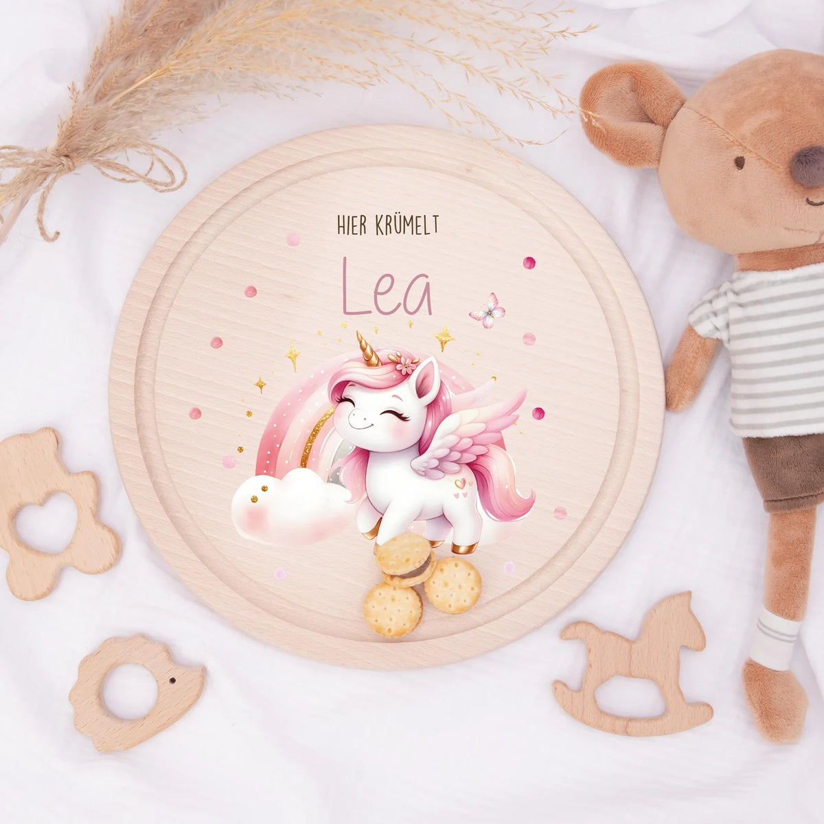 Rundes personalisiertes Frühstücksbrettchen Einhorn mit Namen für Kinder