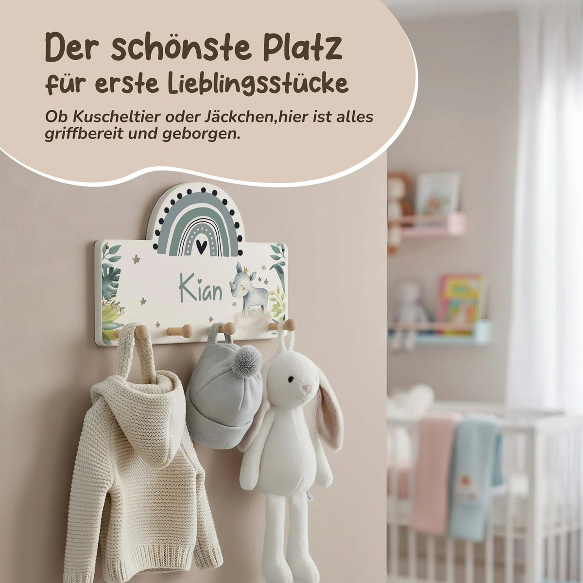 Kindergarderobe Holz personalisiert - Nashorn