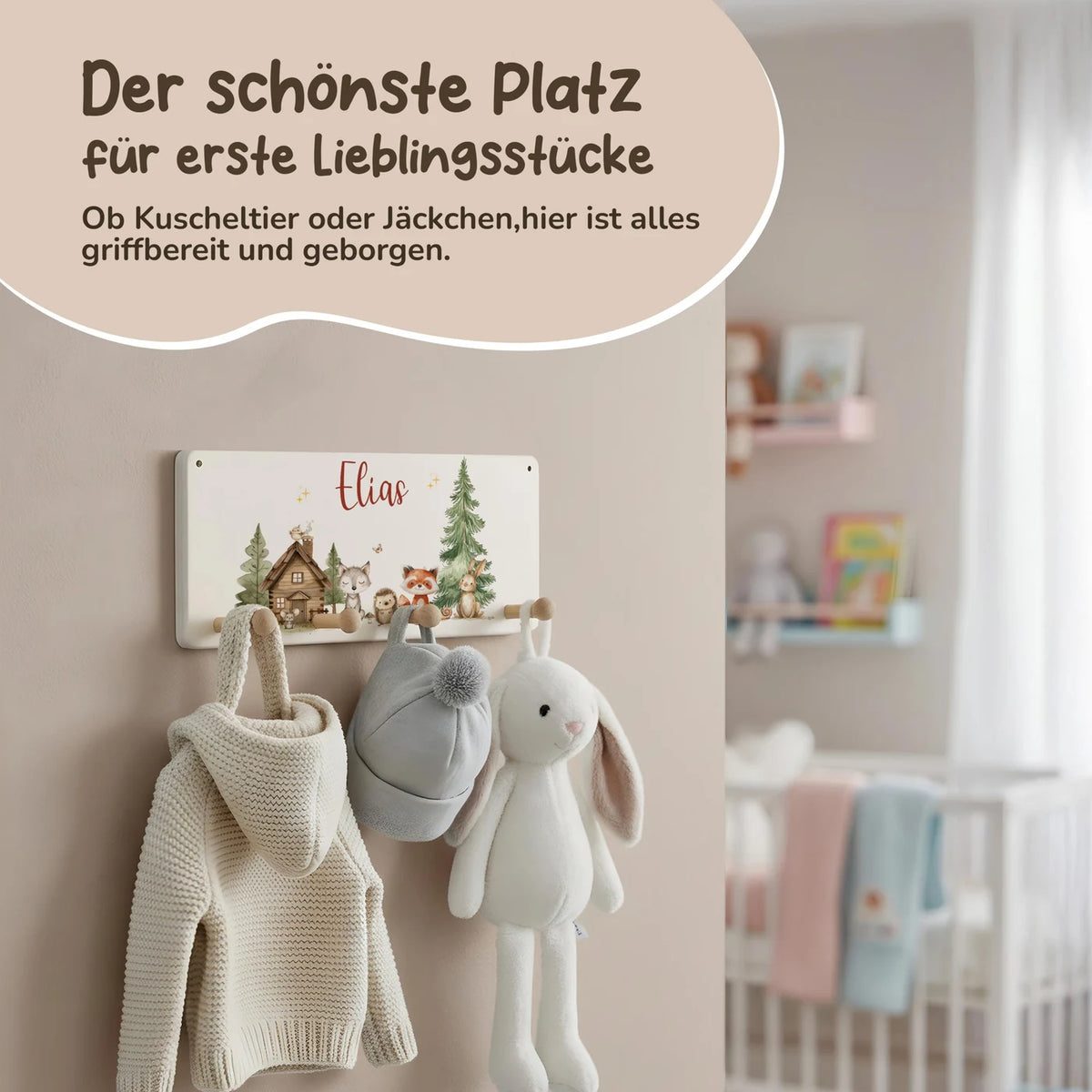 Kindergarderobe Holz personalisiert - fröhliche Waldtiere