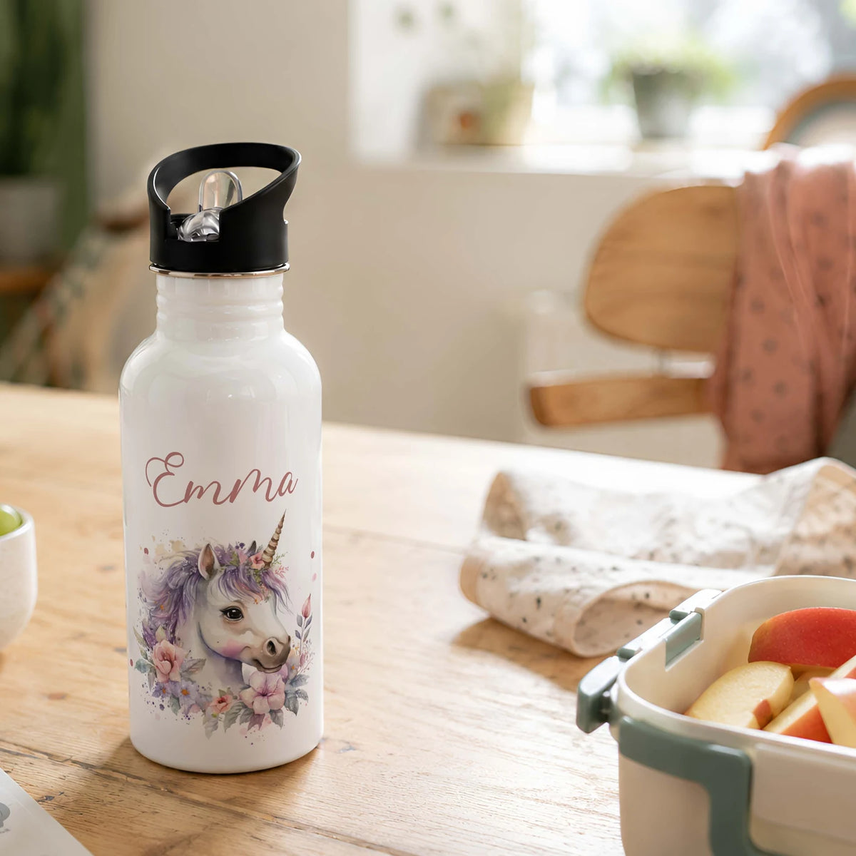 Trinkflasche Kinder Edelstahl - Einhorn mit Blüten