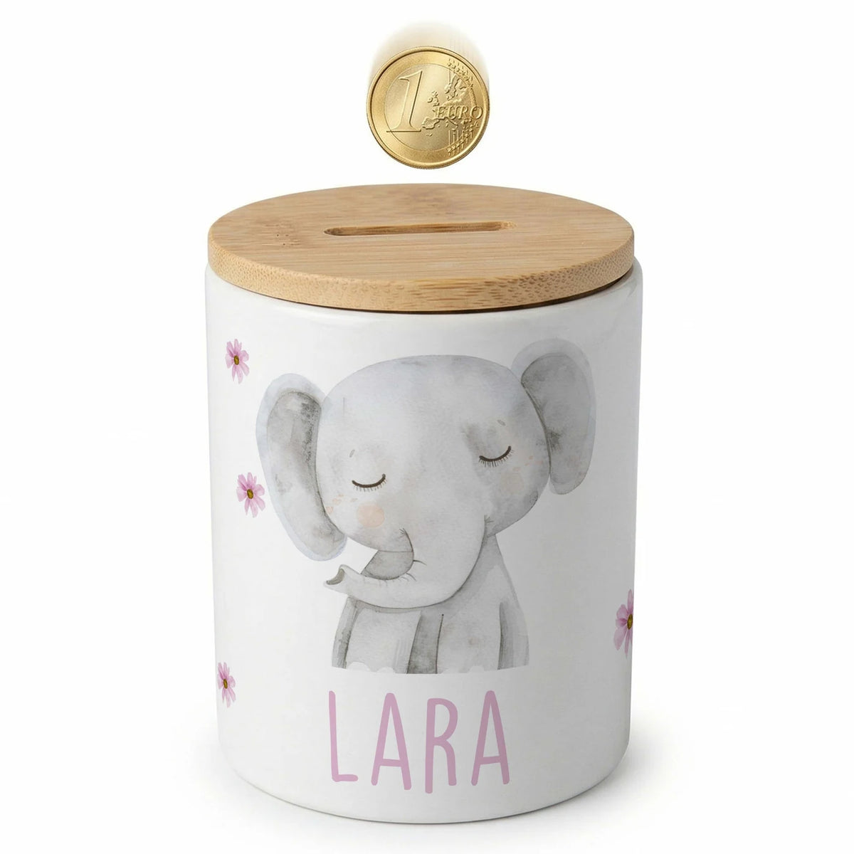 Personalisierte Spardose Elefant Blumen – Keramik & Bambus mit Wunschname