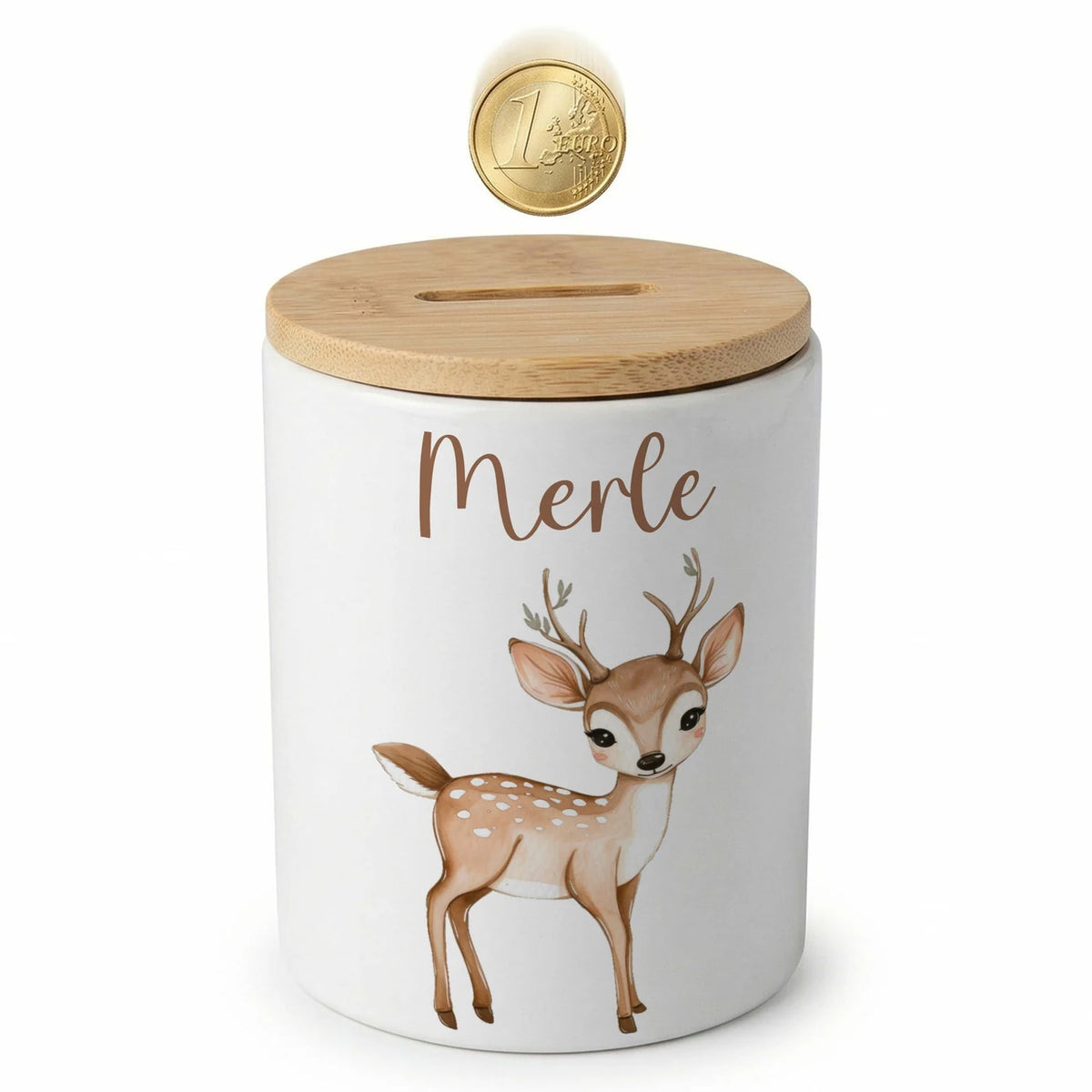 Personalisierte Spardose Rehkitz Bambi – Keramik & Bambus mit Wunschname