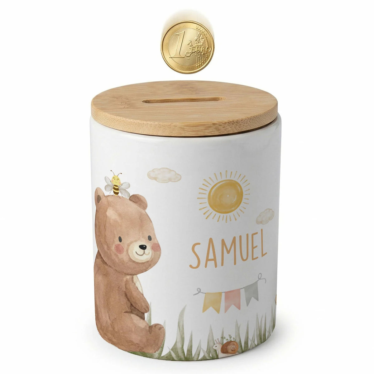 Personalisierte Spardose Bär Sommer – Keramik & Bambus mit Wunschname