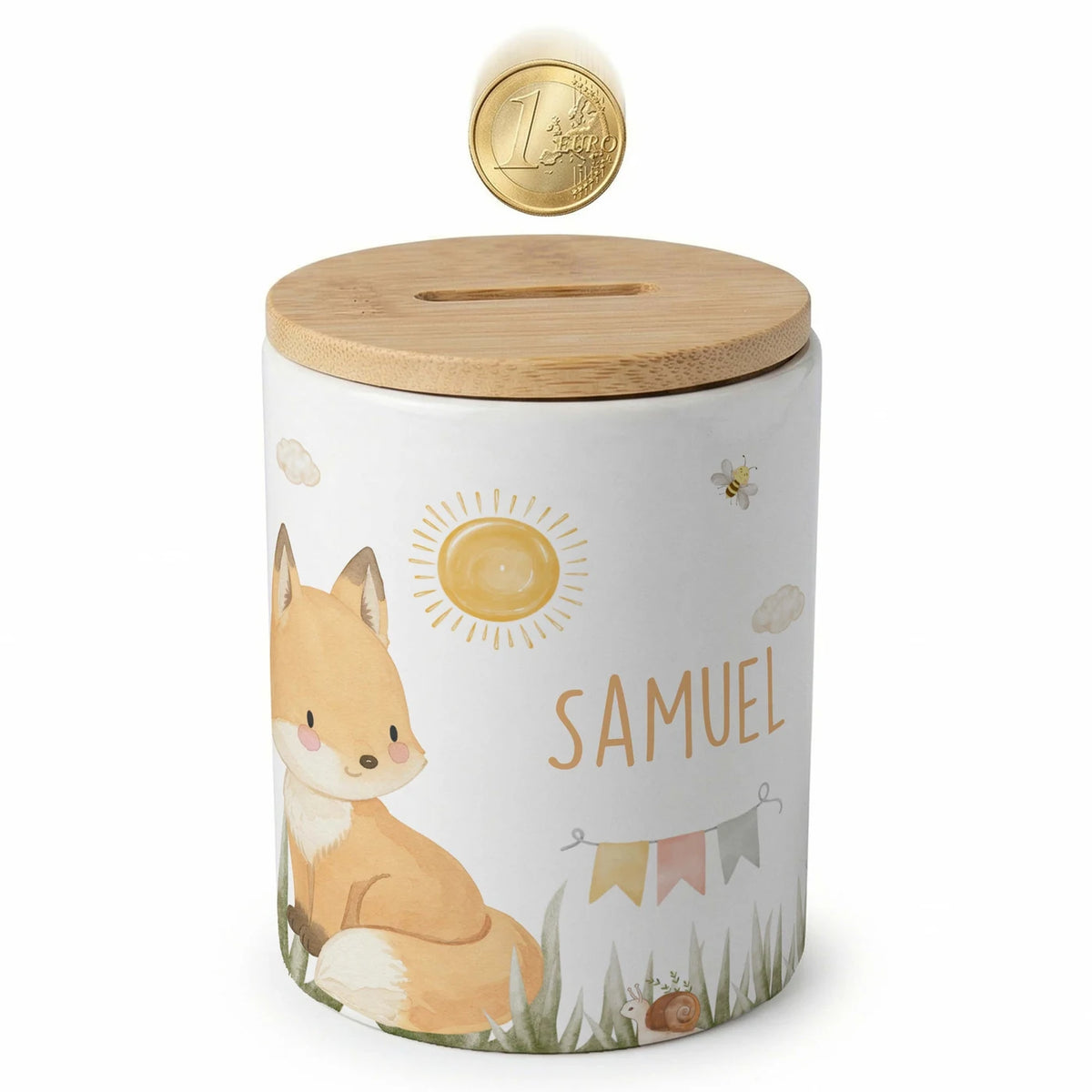 Personalisierte Spardose Fuchs Sommer – Keramik & Bambus mit Wunschname