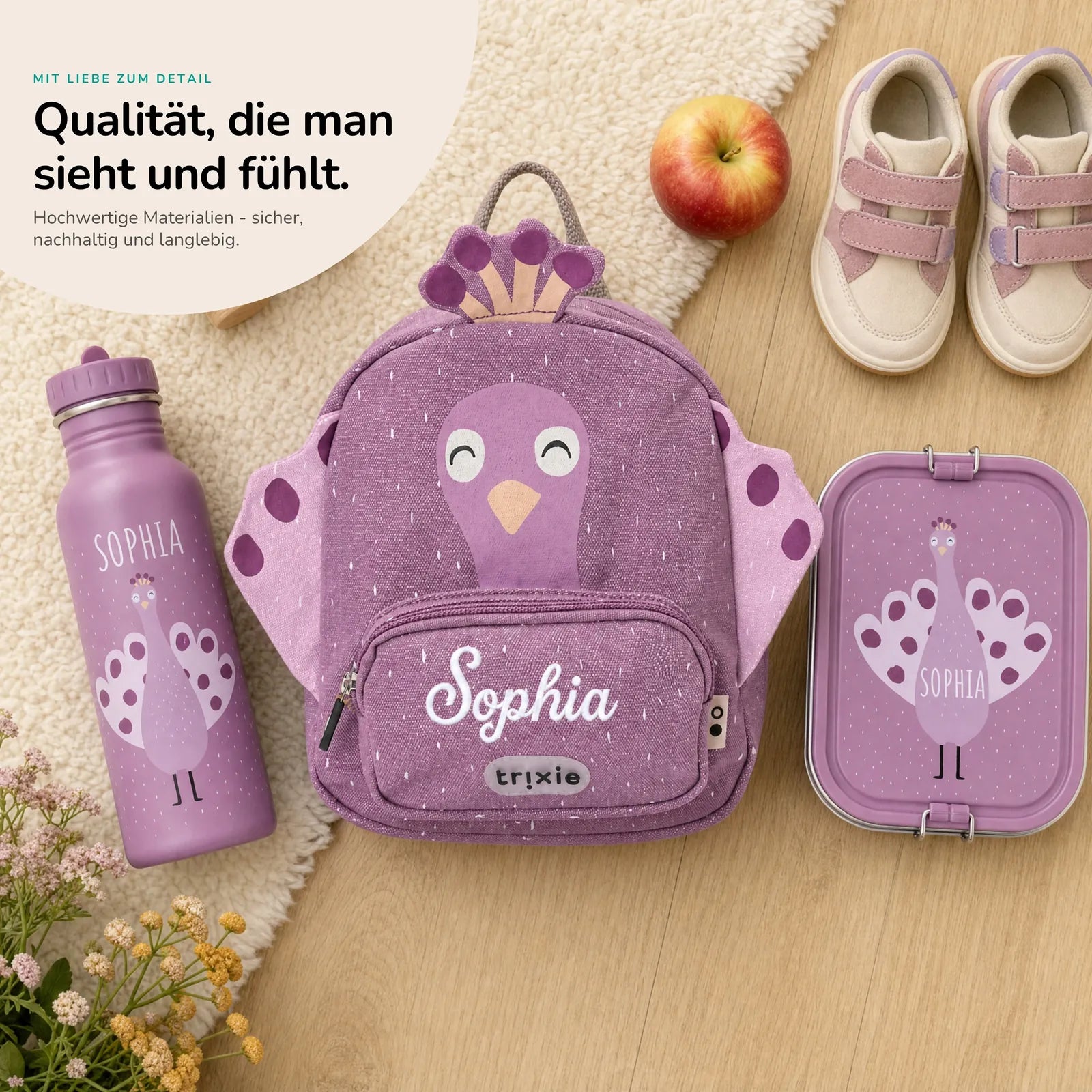 Trixie Kindergarten Set Pfau, mit Namen im einheitlichen Kindergarten-Design