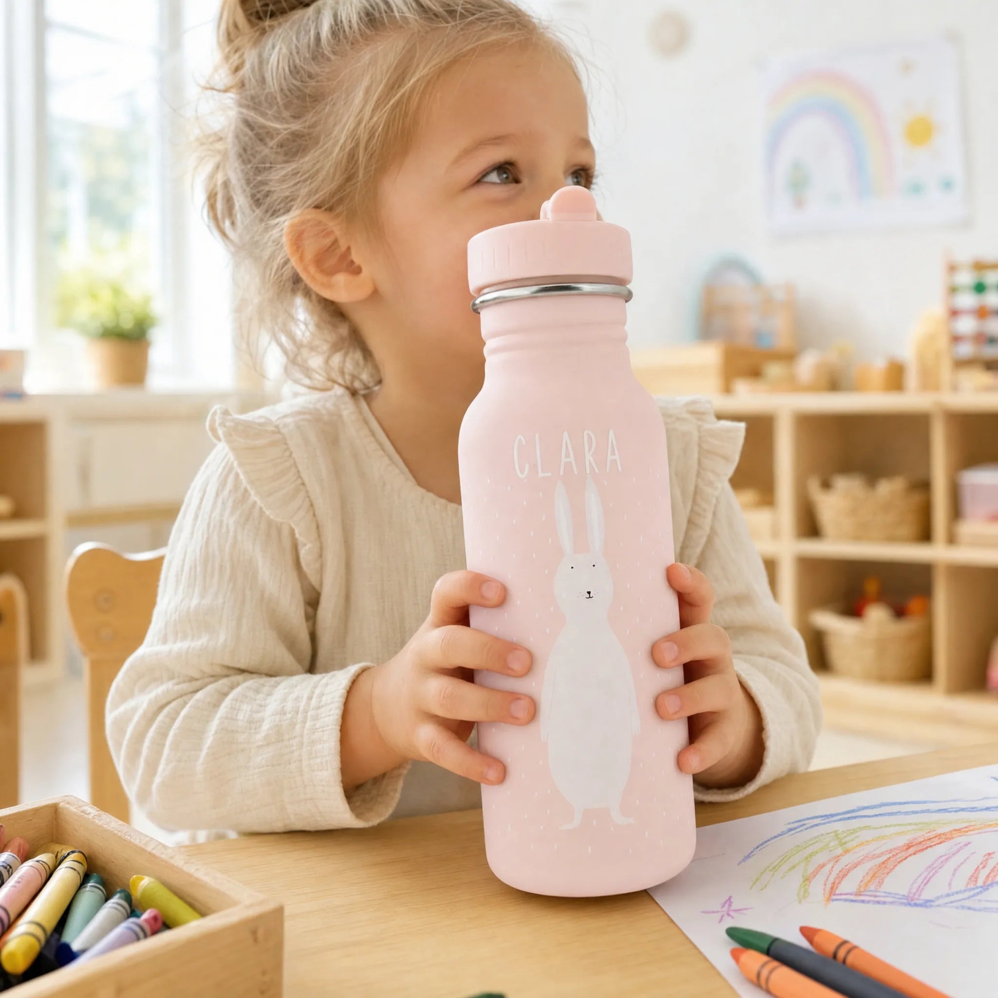 Trixie Trinkflasche Kinder Hase, 350 ml mit Trageschnur und Gravur