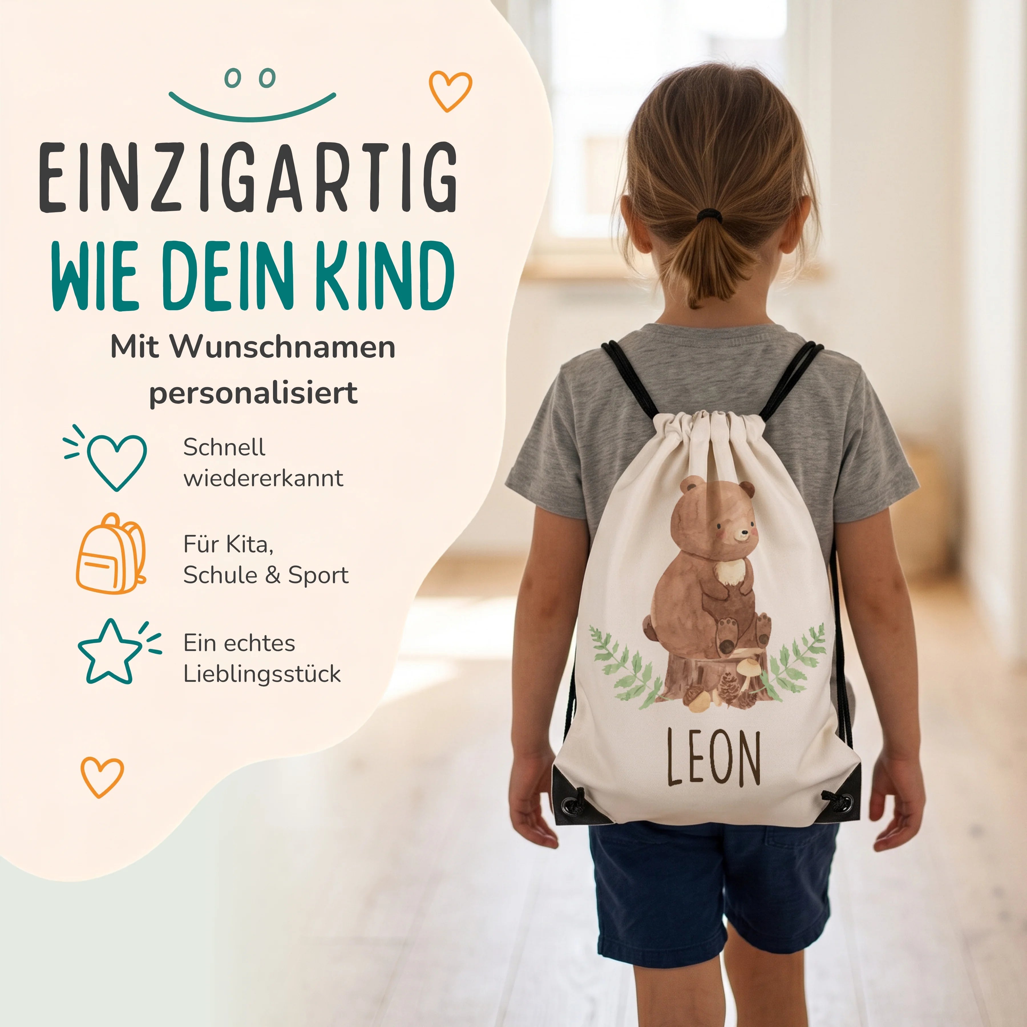 Personalisierter Turnbeutel Bär, Kind trägt den Beutel auf dem Rücken