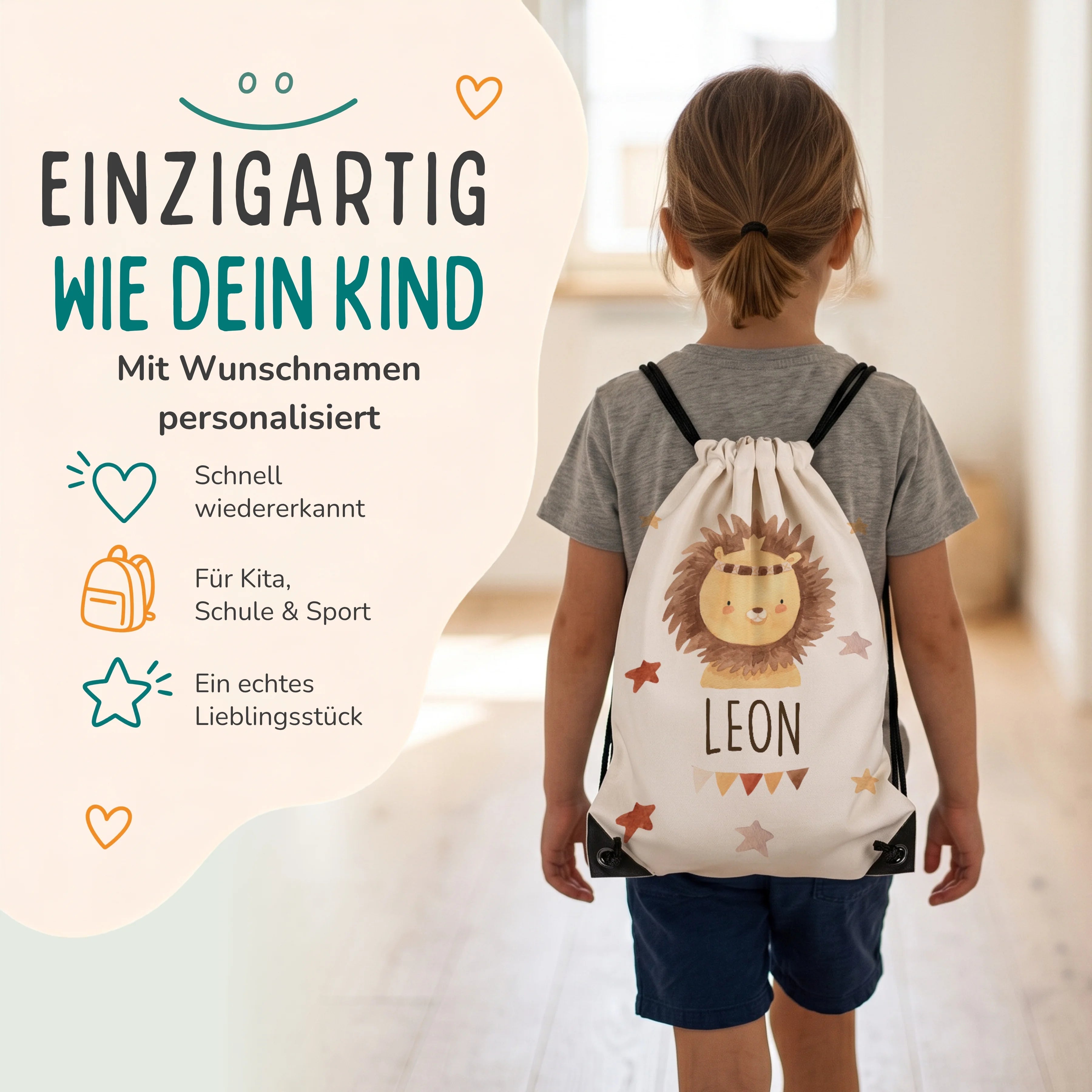 Personalisierter Turnbeutel Löwe mit Kranz, Kind trägt den Beutel auf dem Rücken