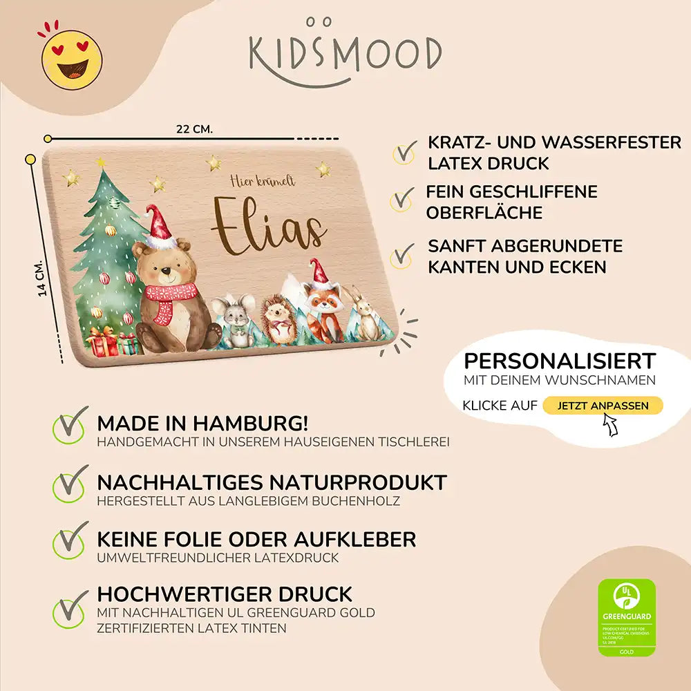 Frühstücksbrettchen Weihnachten Bär und Weihnachtsbaum - Geschenk Weihnachten