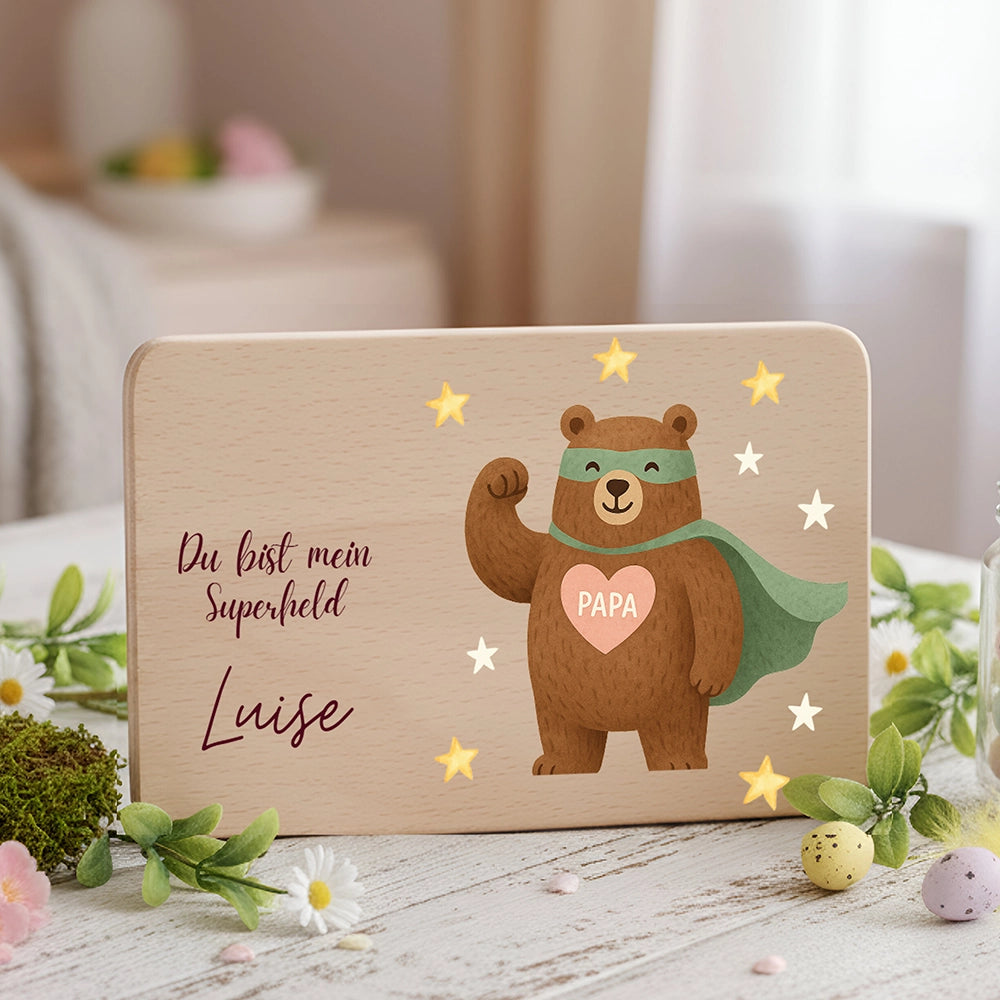Frühstücksbrettchen Holz Du bist mein Superheld mit Gravur - Geschenk Vatertag