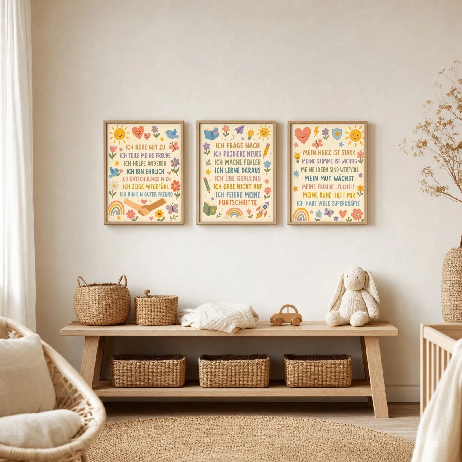 Affirmationsposter Kinderzimmer Blumenwiese Ich frage nach, im Jungenzimmer